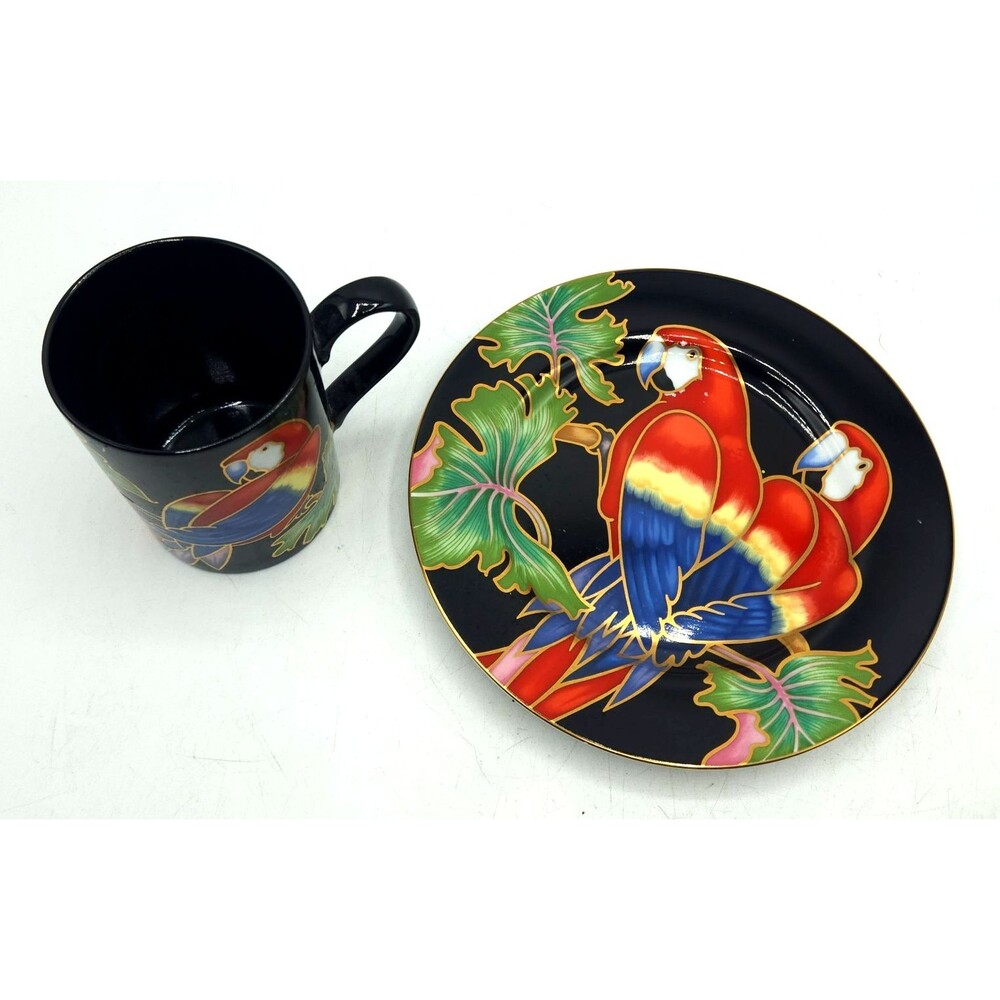 Fitz & Floyd Jungle Parrot Coffee Mug Tea Cup 9oz Plate Japan Fine Porcelain 378